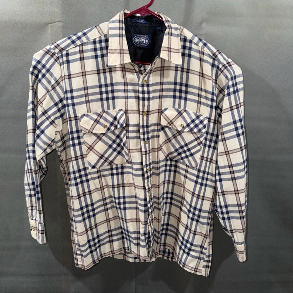 Alpine Trail Men's L Large 15 - 15.5 Collar LS Shirt Button Beige Striped C Desc